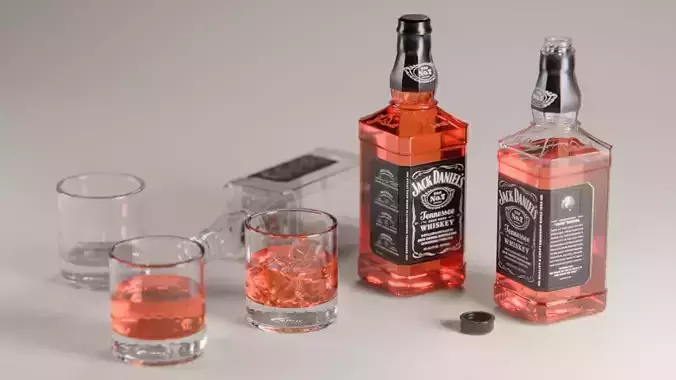 Whiskey Bottles and Glasses Low-poly 3D model 2