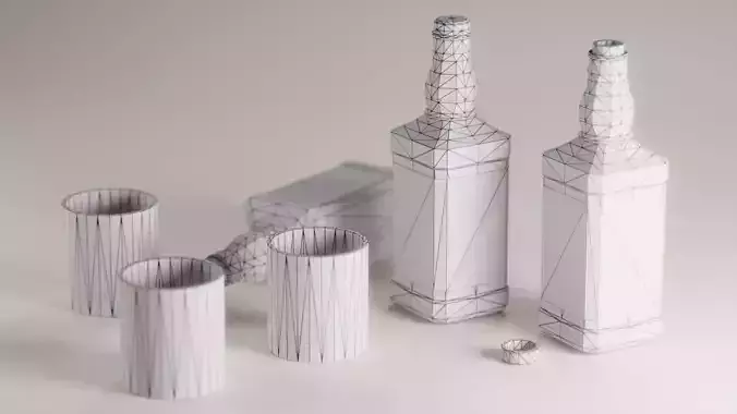 Whiskey Bottles and Glasses Low-poly 3D model 3