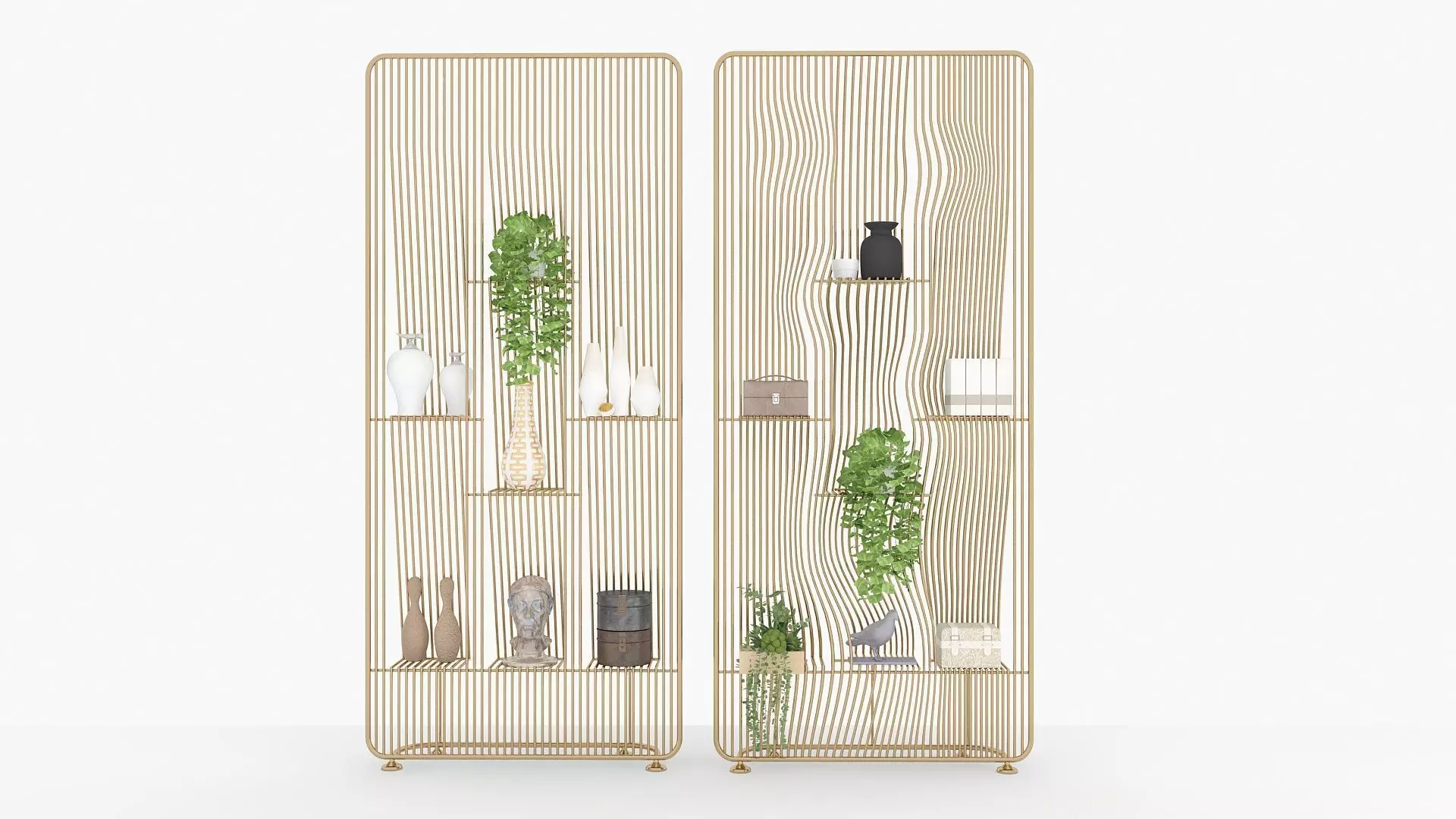 Metal Shelf with Figurines Indoor Plants and Casket 3D model_7