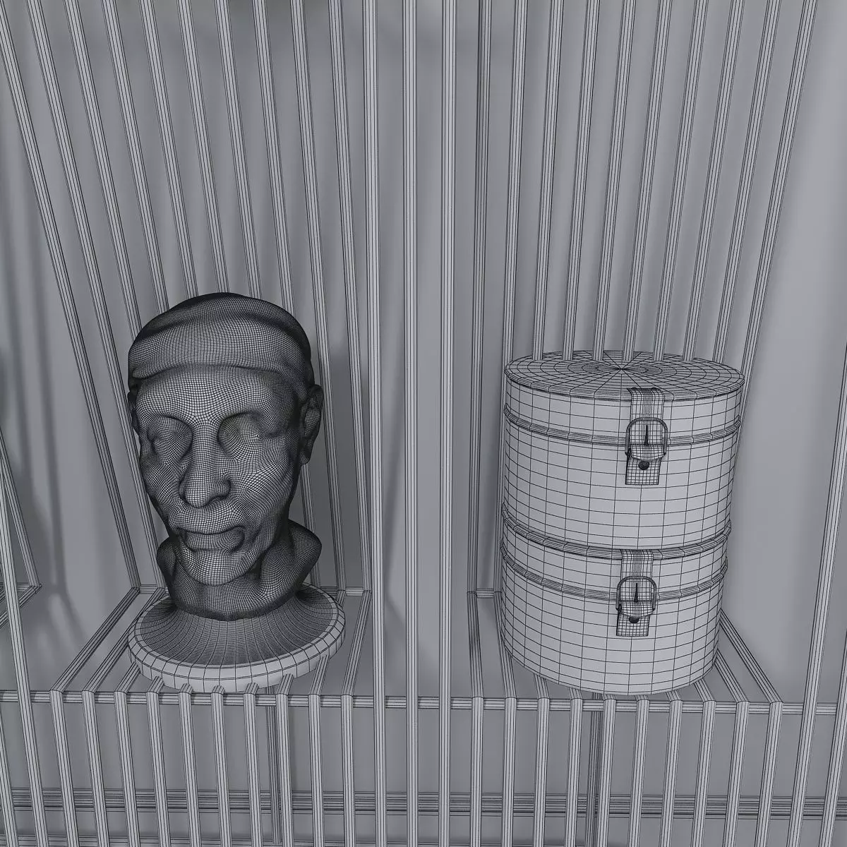 Metal Shelf with Figurines Indoor Plants and Casket 3D model_11