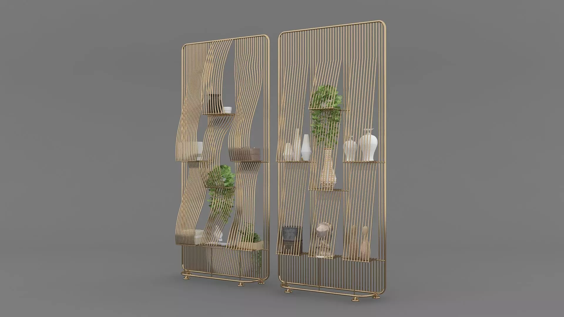 Metal Shelf with Figurines Indoor Plants and Casket 3D model_6