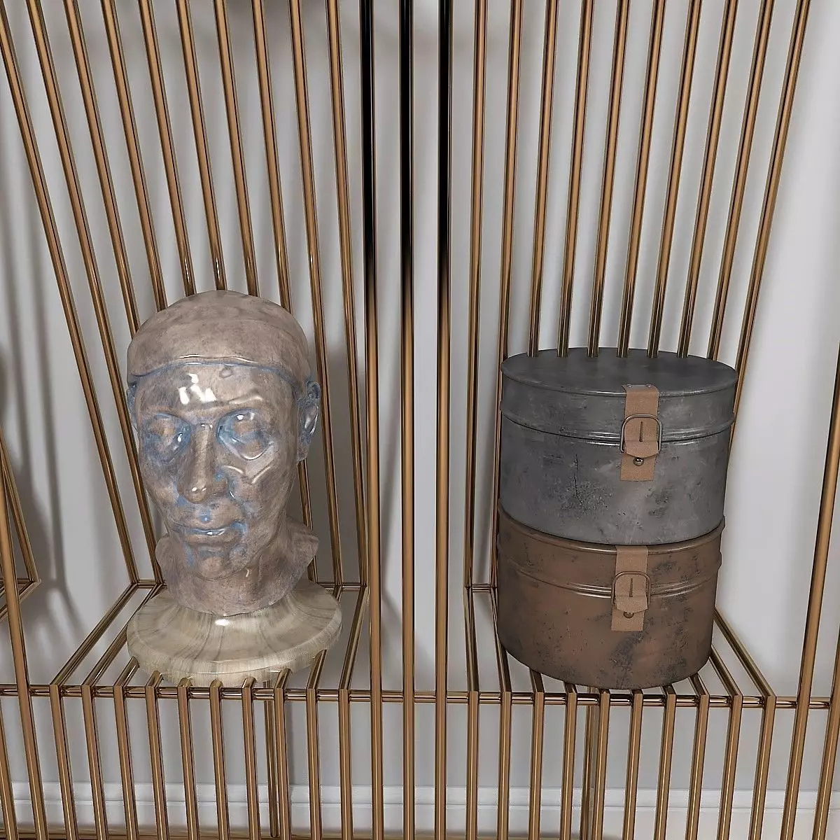 Metal Shelf with Figurines Indoor Plants and Casket 3D model_10