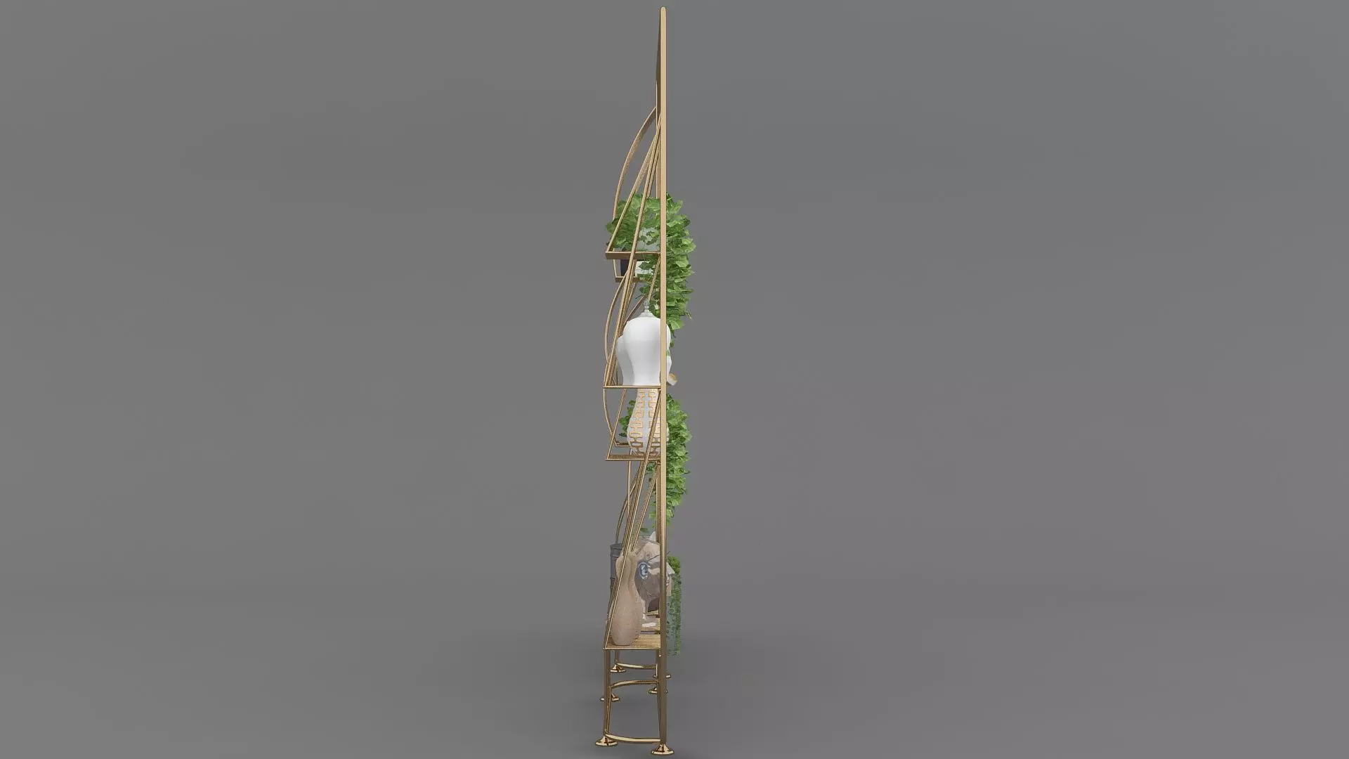 Metal Shelf with Figurines Indoor Plants and Casket 3D model_5