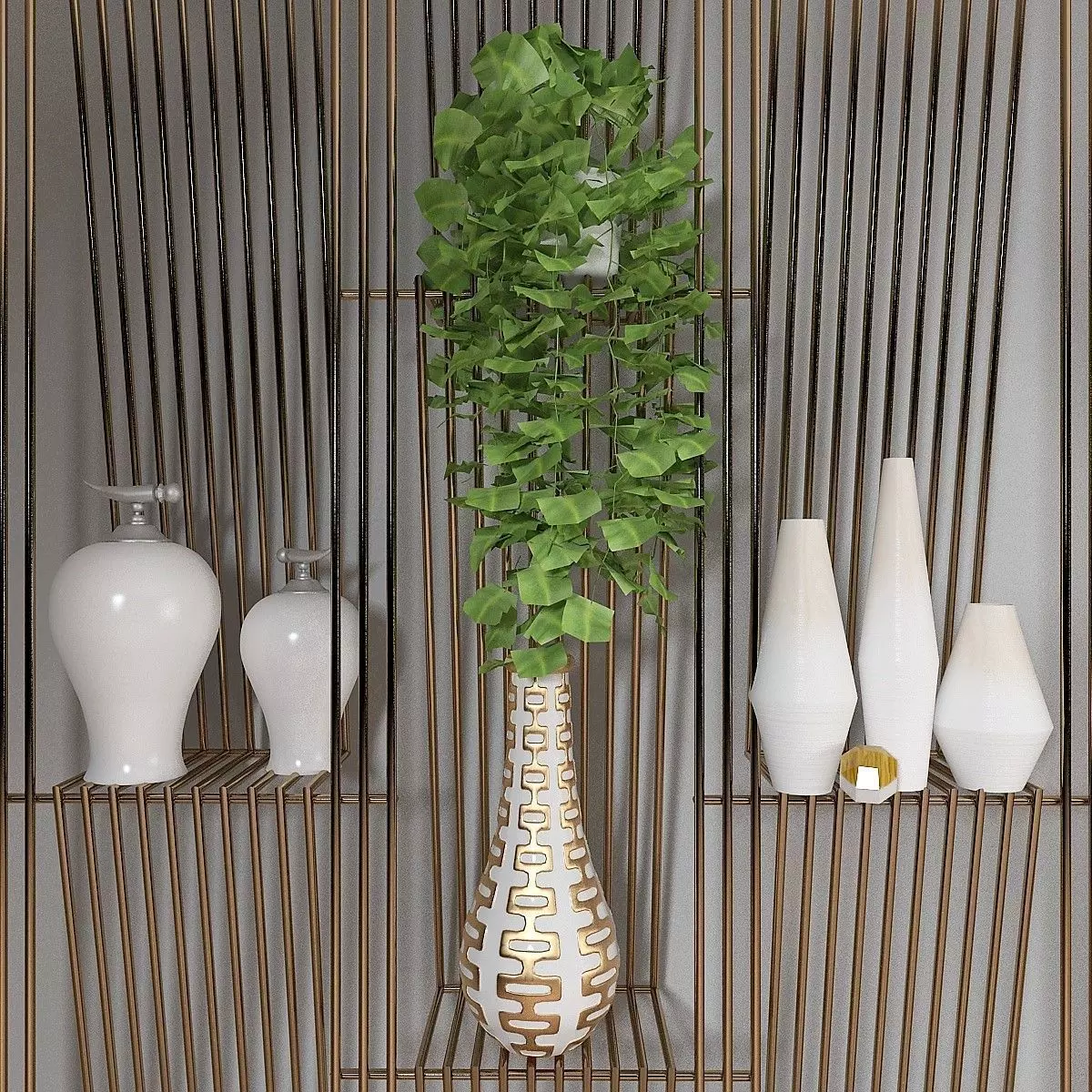 Metal Shelf with Figurines Indoor Plants and Casket 3D model_8