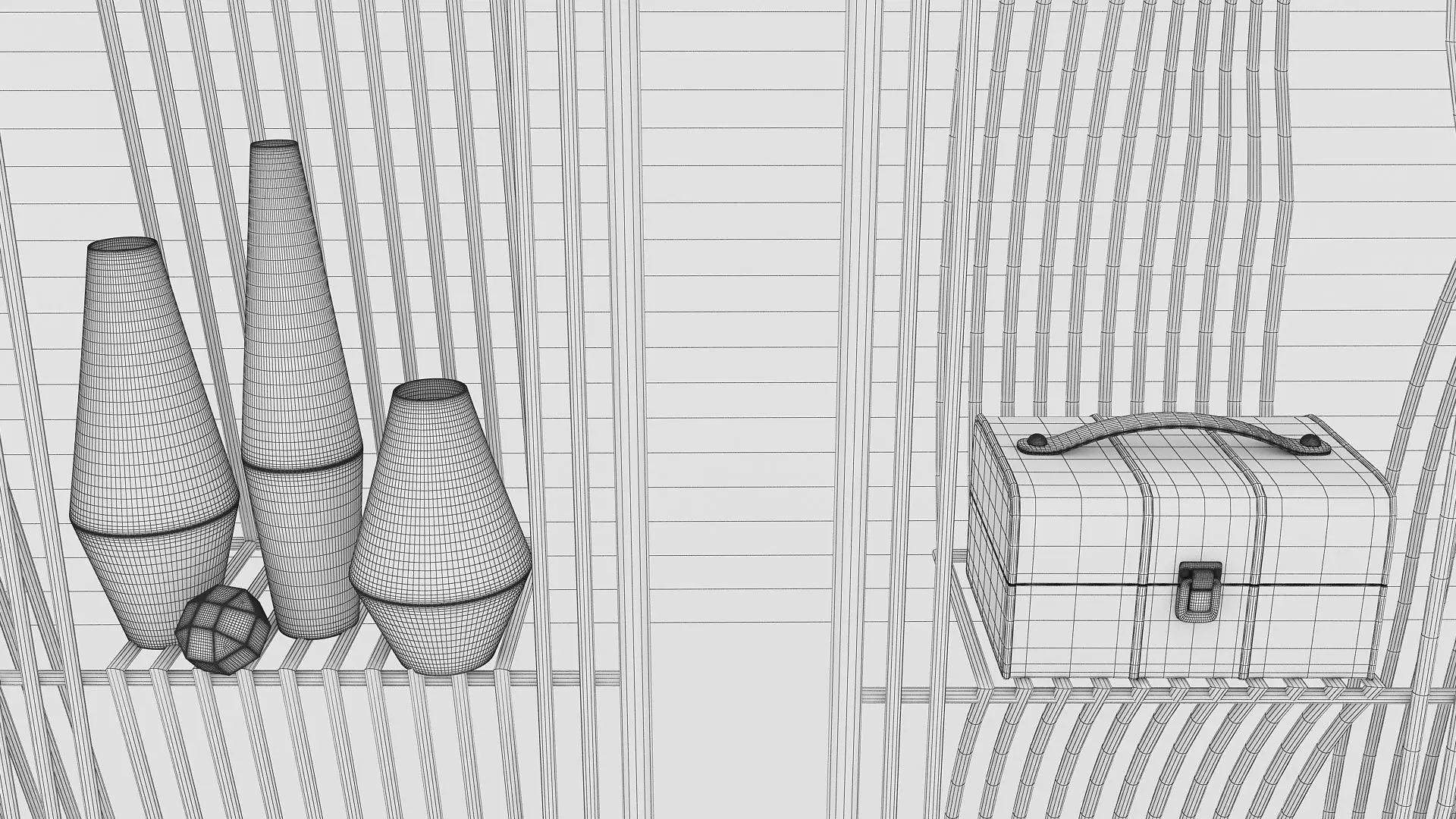 Metal Shelf with Figurines Indoor Plants and Casket 3D model_16