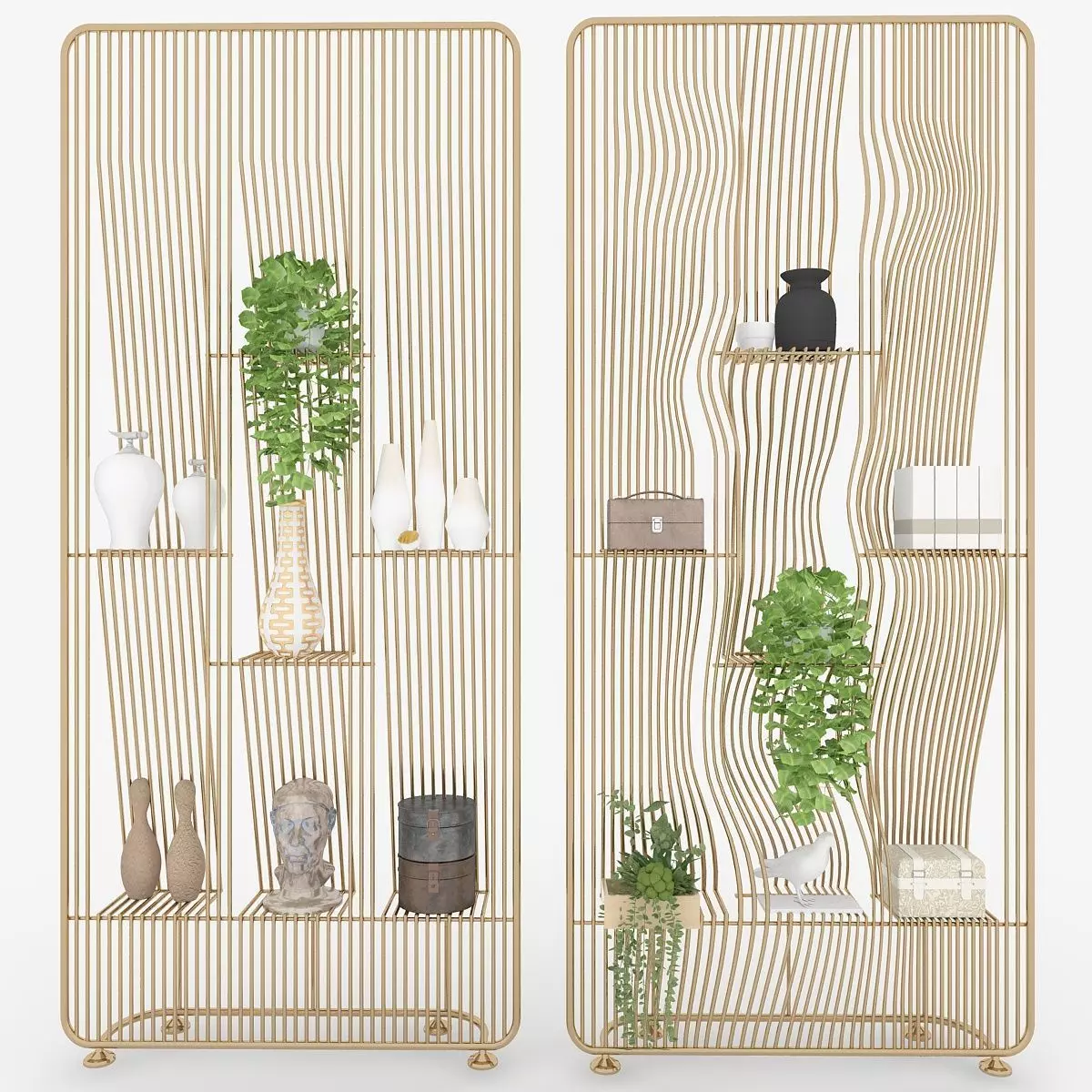 Metal Shelf with Figurines Indoor Plants and Casket 3D model_1