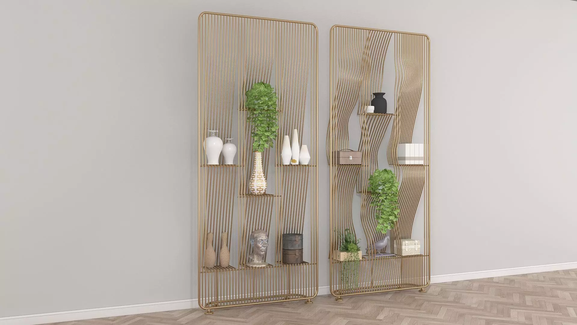 Metal Shelf with Figurines Indoor Plants and Casket 3D model_3