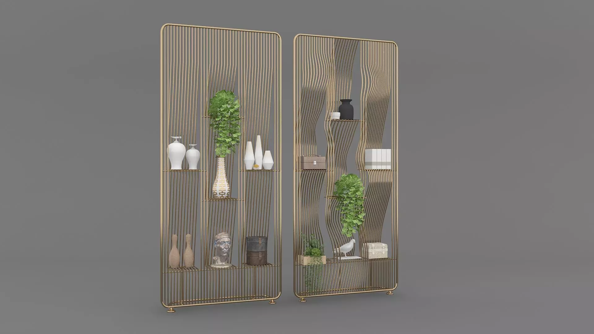 Metal Shelf with Figurines Indoor Plants and Casket 3D model_4