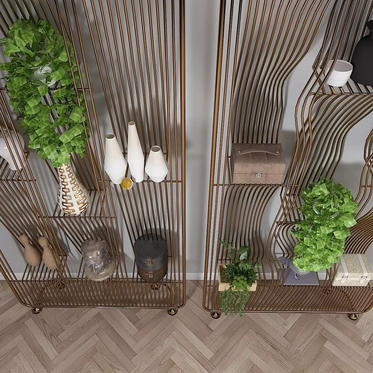 Metal Shelf with Figurines Indoor Plants and Casket 3D model_12