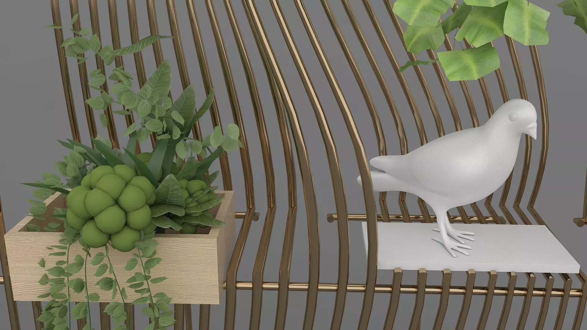 Metal Shelf with Figurines Indoor Plants and Casket 3D model_13