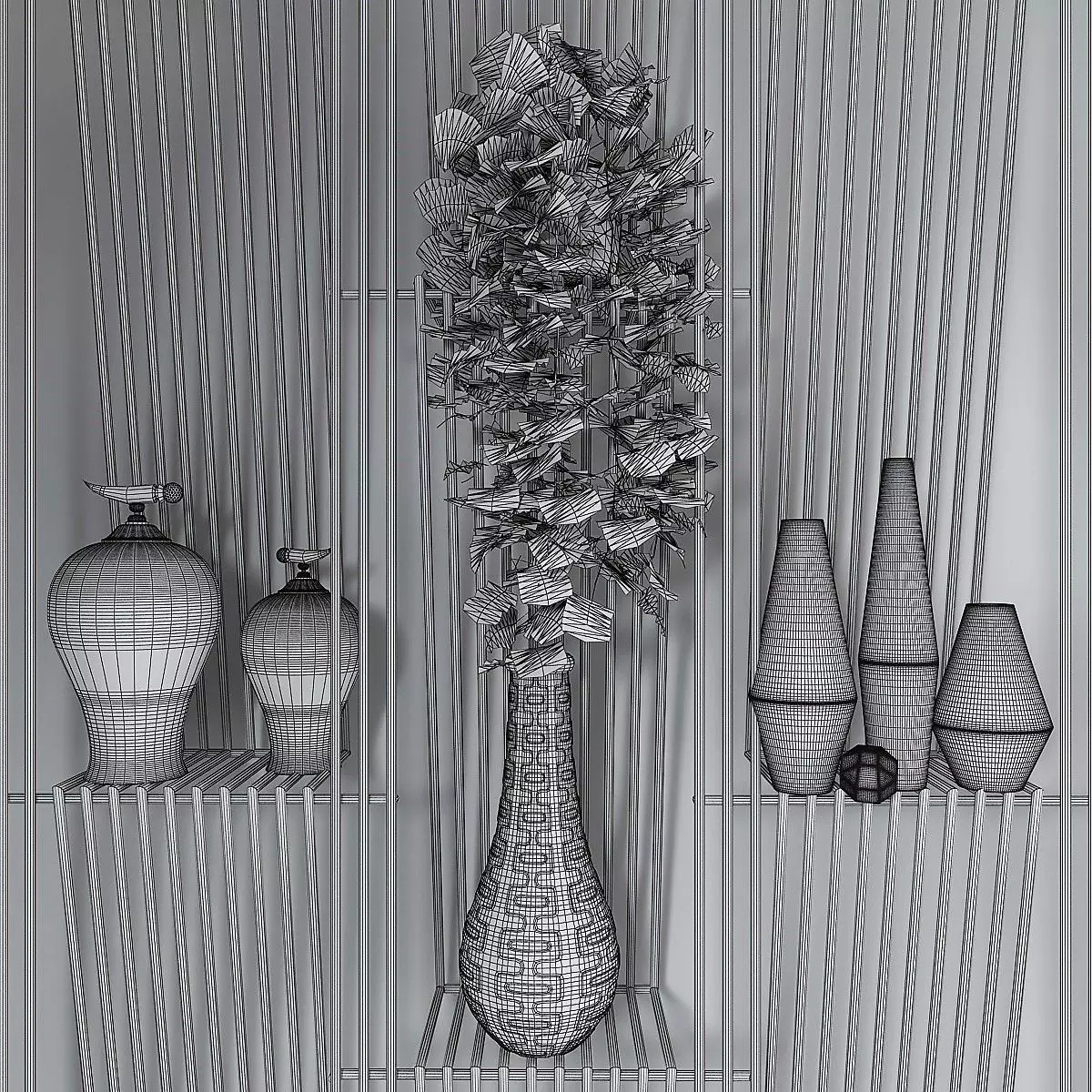 Metal Shelf with Figurines Indoor Plants and Casket 3D model_9