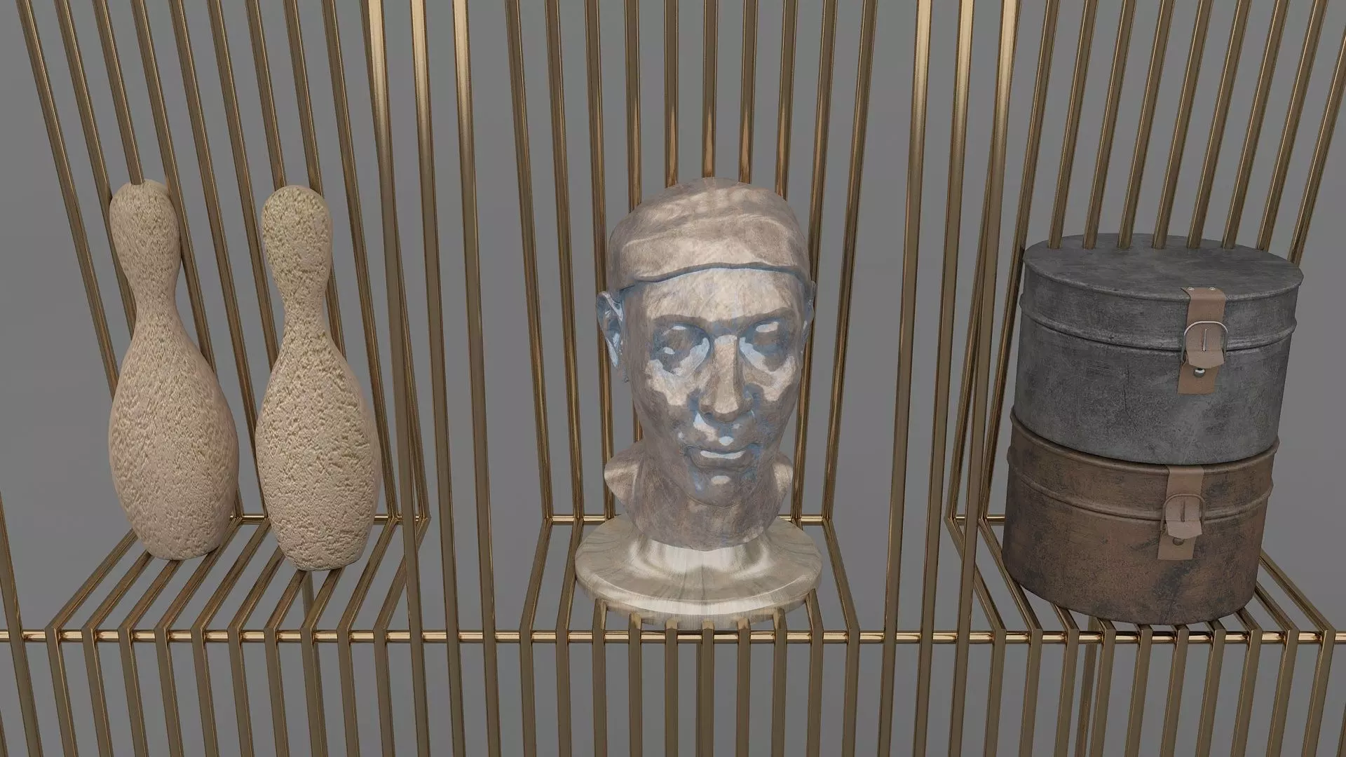 Metal Shelf with Figurines Indoor Plants and Casket 3D model_17