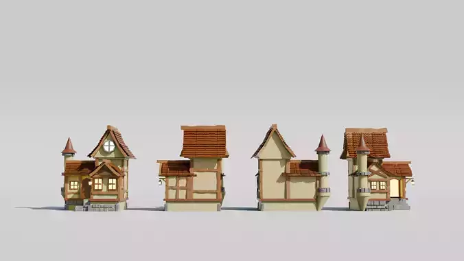Medieval Fantasy House Set Low Poly Stylized 3D Model