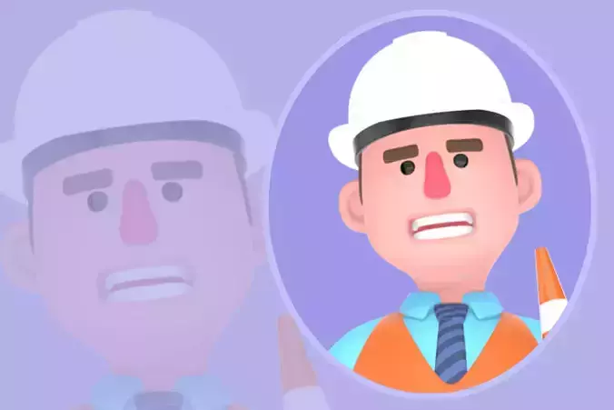 3D Cartoon Male Architect Character - Angry with Traffic Cone