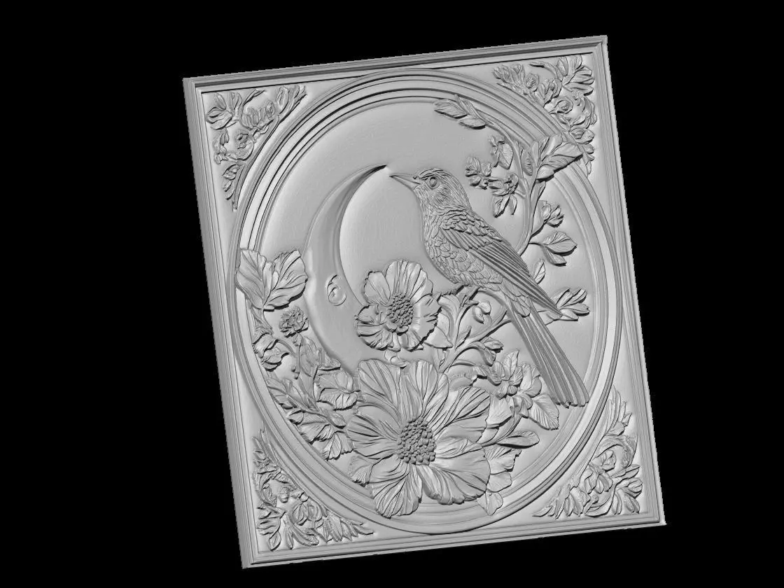 Bird and Flowers Decorative Panel Relief 3D print model_3