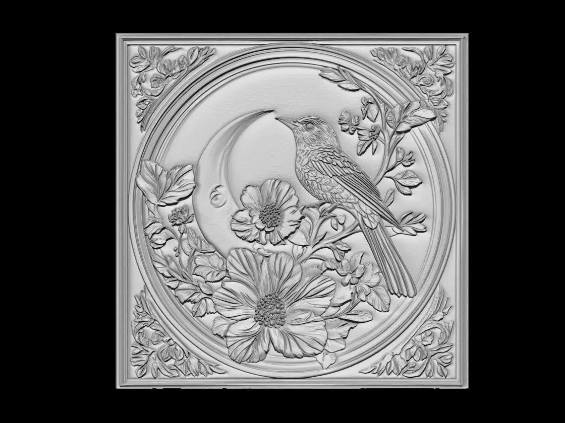 Bird and Flowers Decorative Panel Relief 3D print model_1