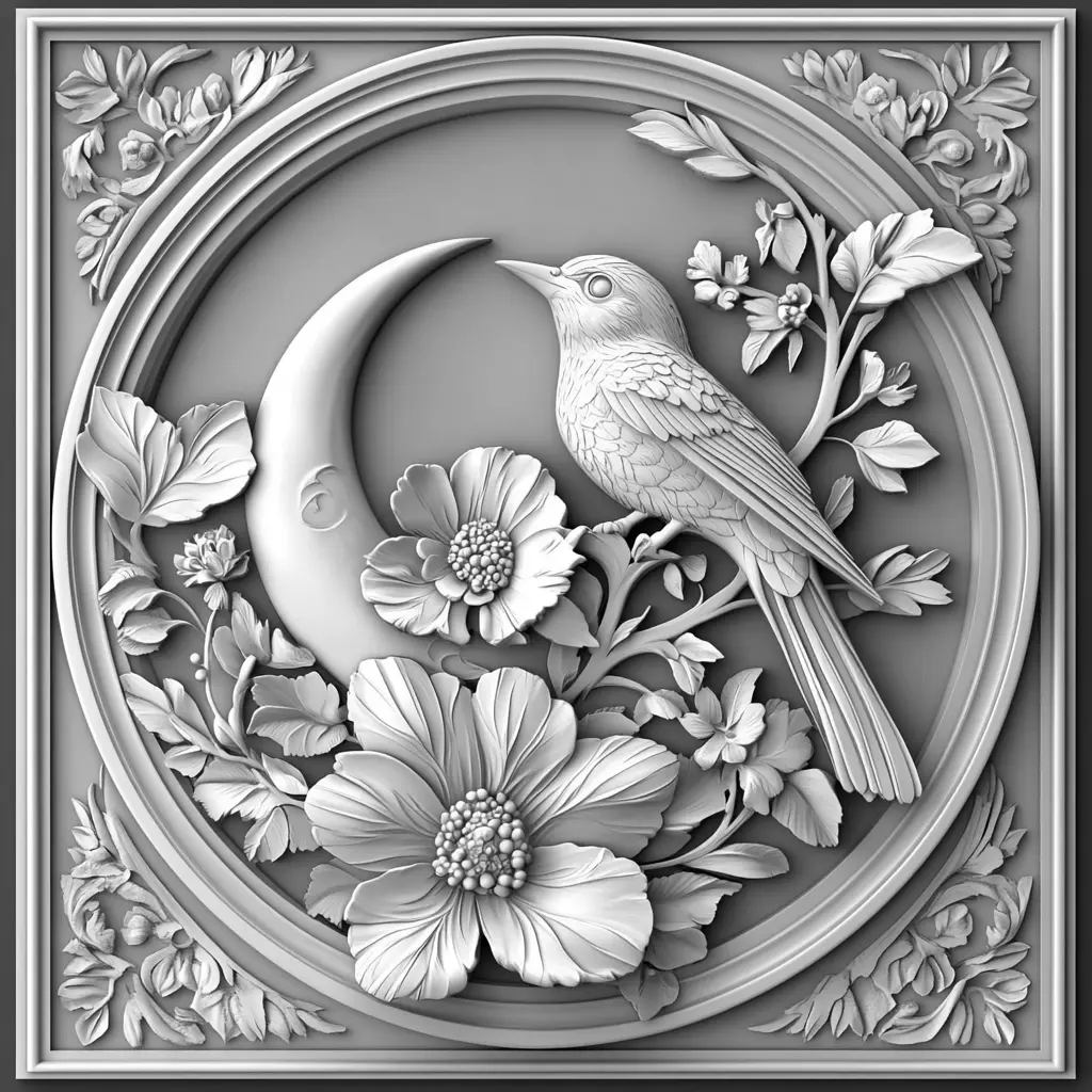 Bird and Flowers Decorative Panel Relief 3D print model_0