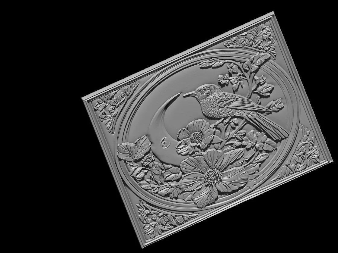 Bird and Flowers Decorative Panel Relief 3D print model_4