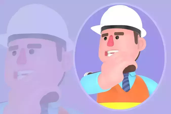 3D Cartoon Male Architect Character - Thinking Pose with Hammer