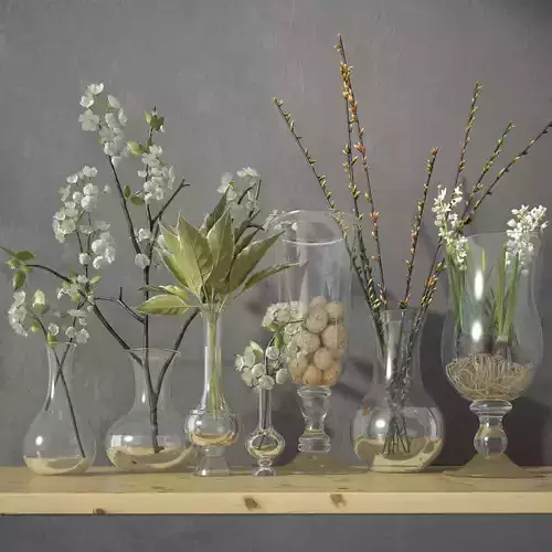 Collection of Glass Vases with Plants and Quail Eggs