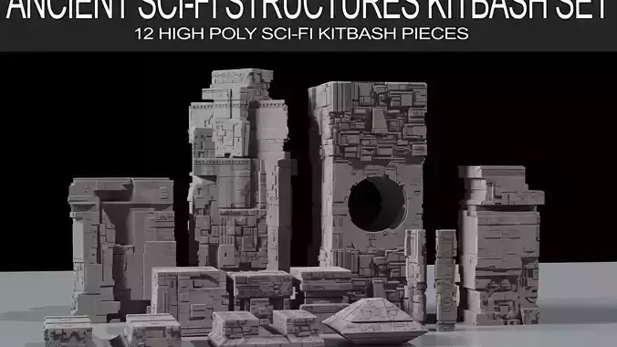 Brutalist Sci-Fi Concrete Ruins Kitbash 3D Model Pack