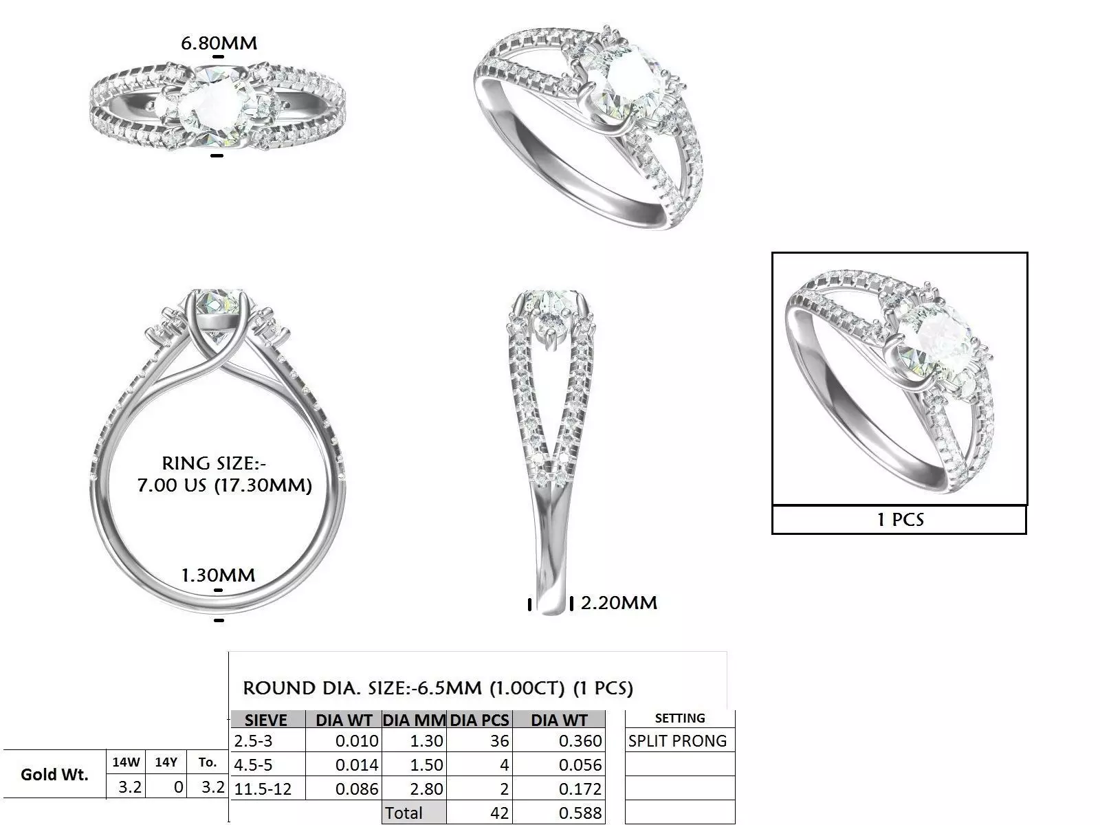 1CT Round Cut Split Shank Engagement Ring ALL SIZES STL Video 3D print model_15