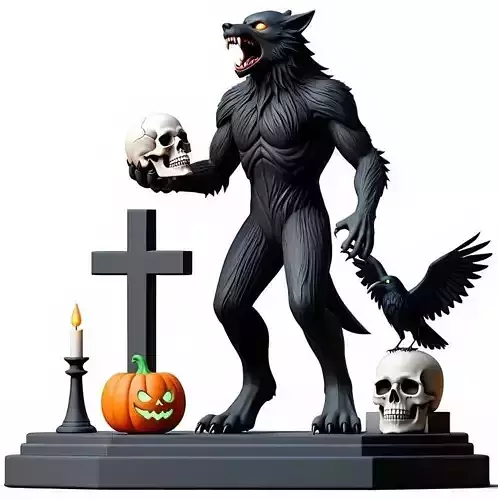 2710COLOR Werewolf Howling with Skull 3D Model  Halloween