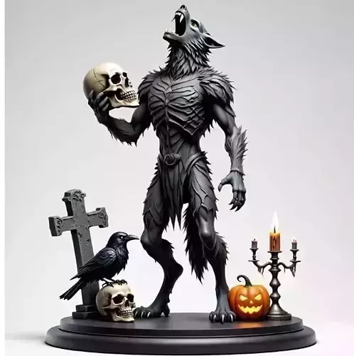 2711COLOR Werewolf Howling with Skull  3D Model  Halloween