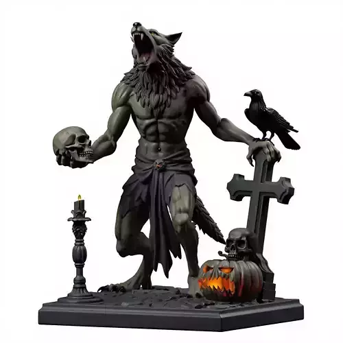 2712COLOR Werewolf Howling with Skull  3D Model  Halloween