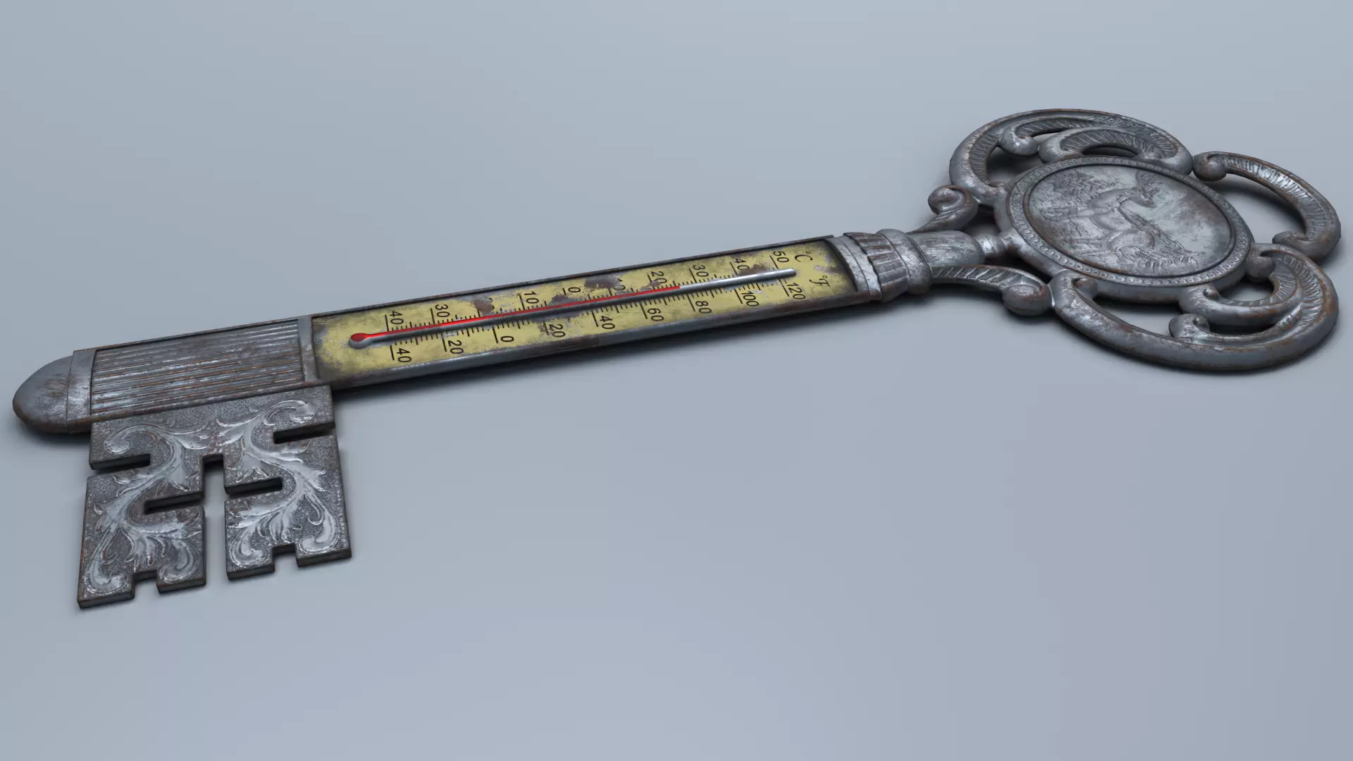 Antique Room Thermometer Iron Rust 3D model_3