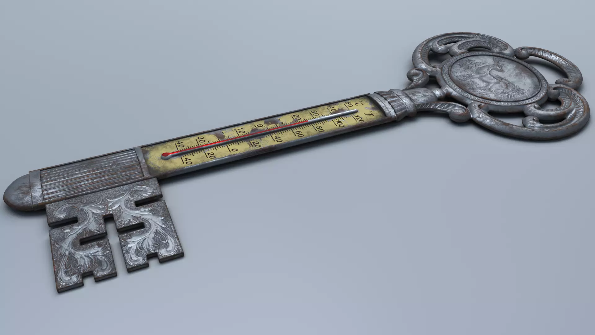 Antique Room Thermometer Iron Rust 3D model_2