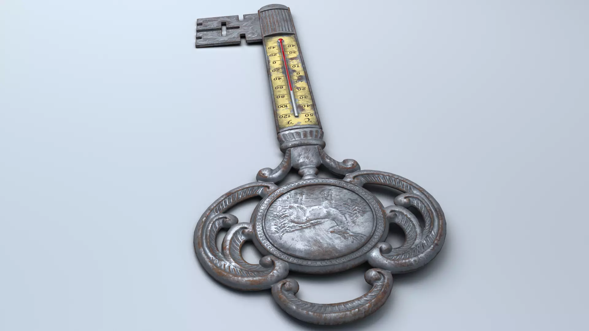 Antique Room Thermometer Iron Rust 3D model_14