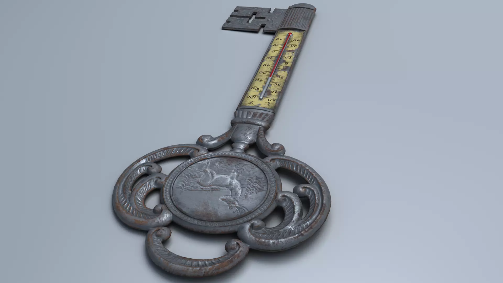 Antique Room Thermometer Iron Rust 3D model_17