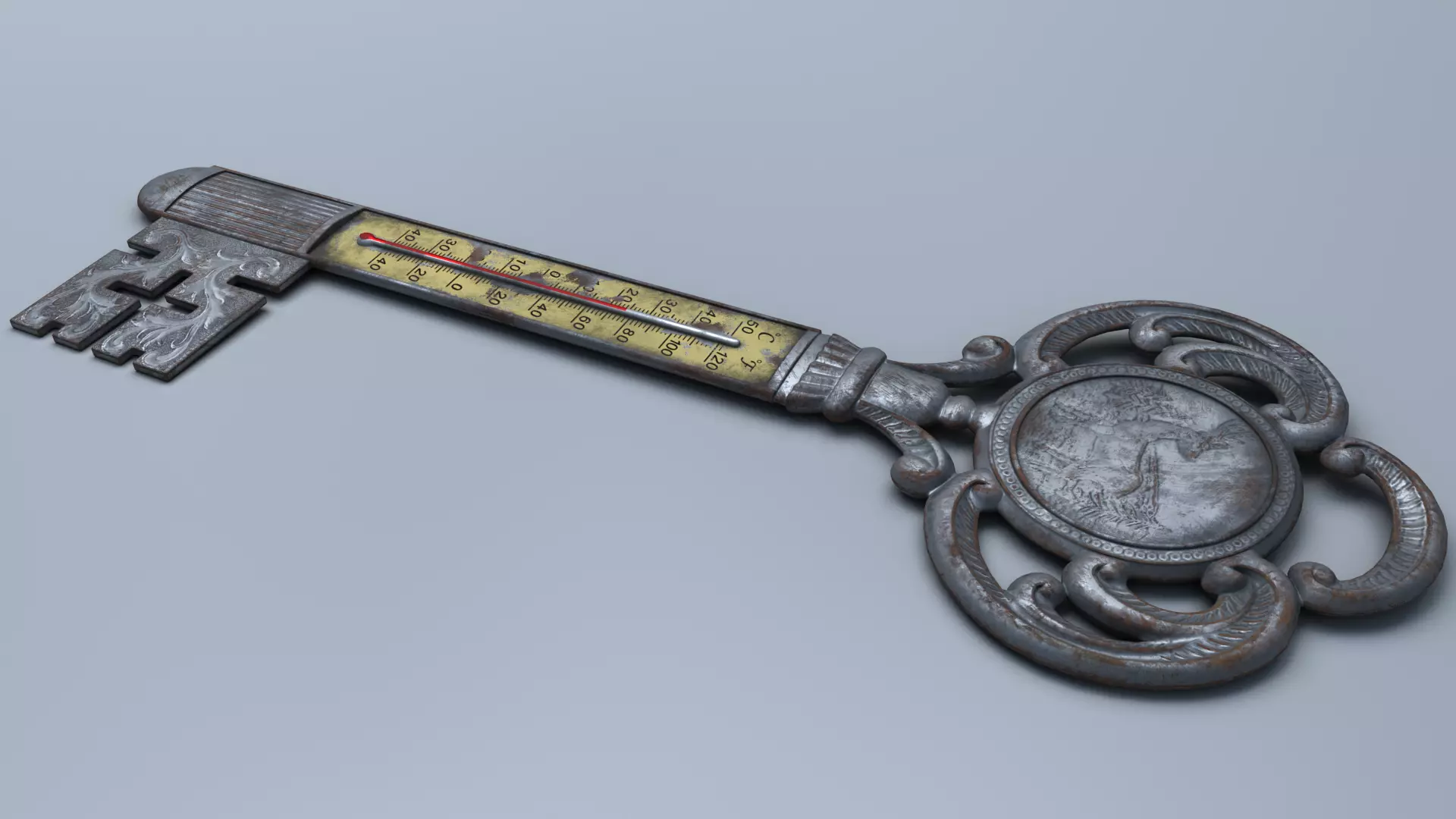 Antique Room Thermometer Iron Rust 3D model_8