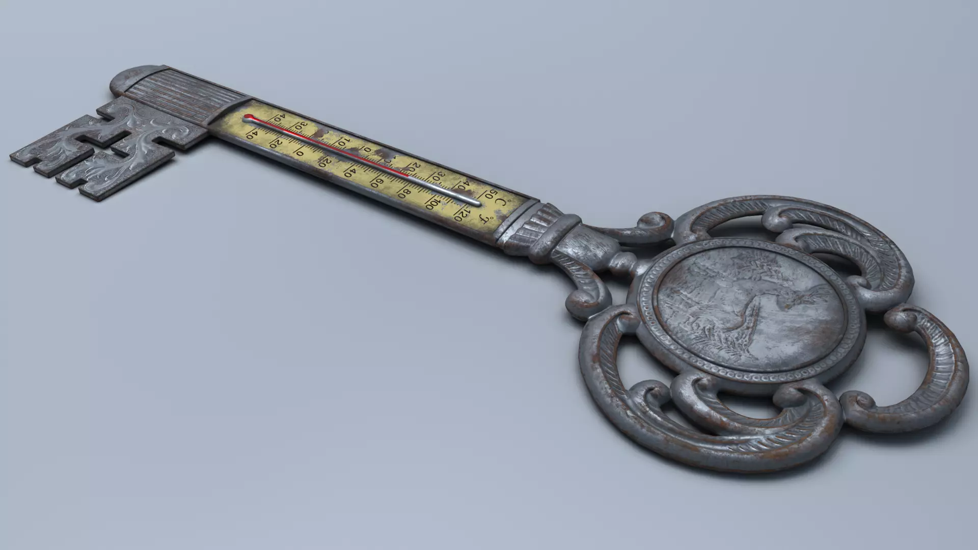 Antique Room Thermometer Iron Rust 3D model_9