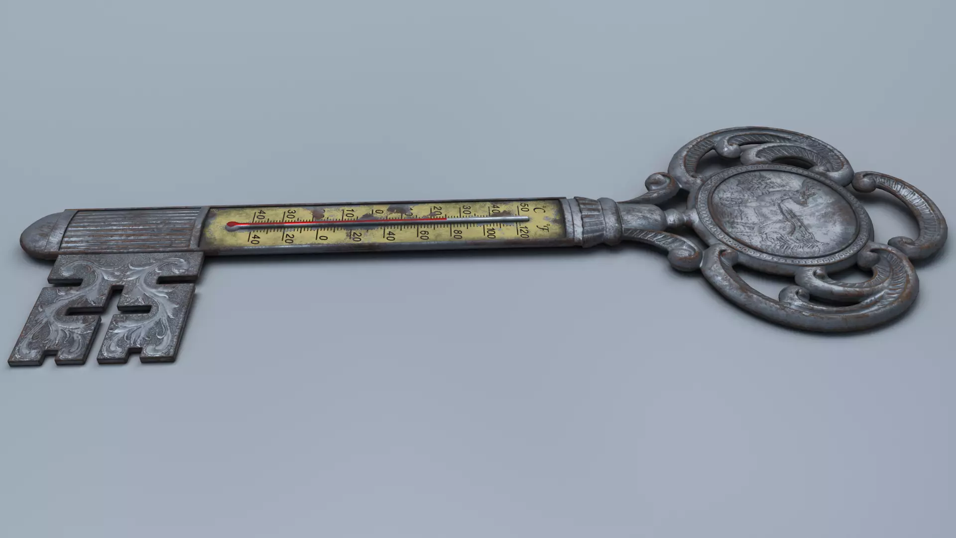 Antique Room Thermometer Iron Rust 3D model_5