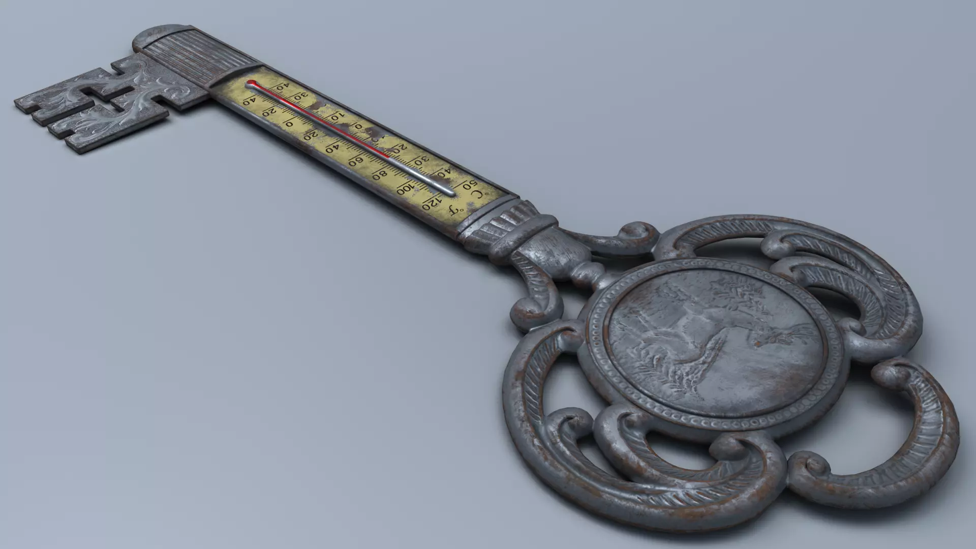 Antique Room Thermometer Iron Rust 3D model_10