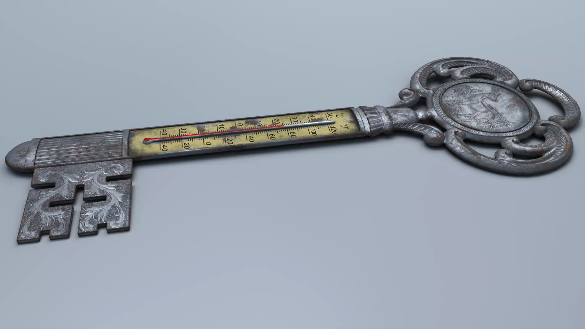 Antique Room Thermometer Iron Rust 3D model_4