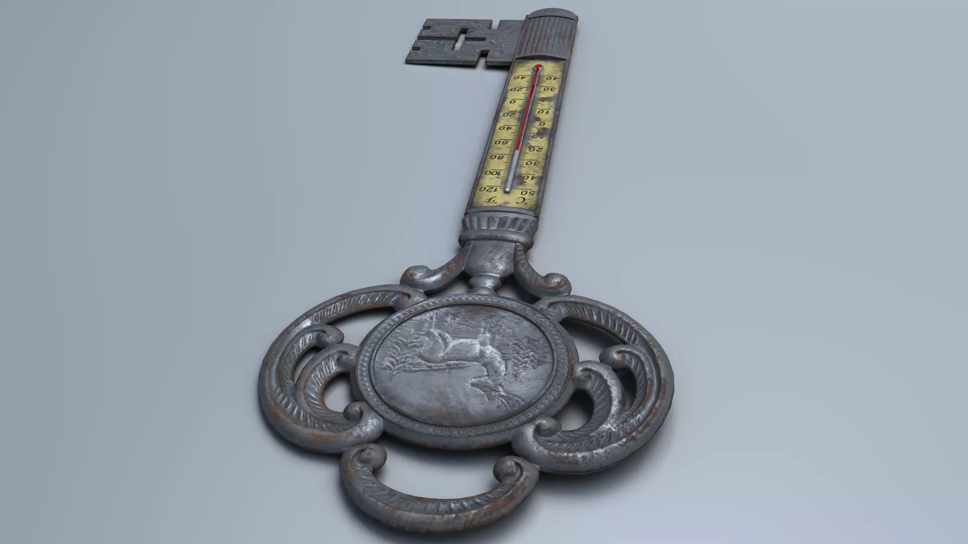 Antique Room Thermometer Iron Rust 3D model_16