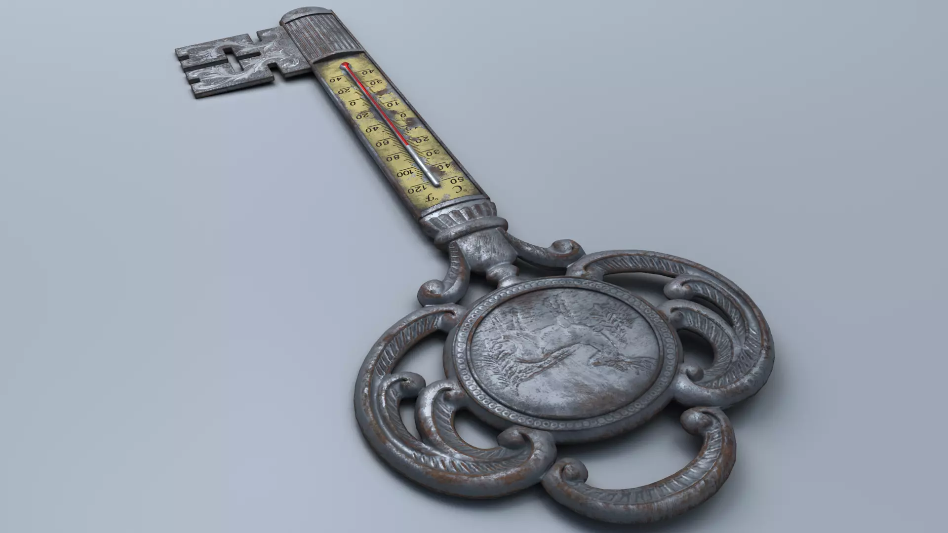Antique Room Thermometer Iron Rust 3D model_12