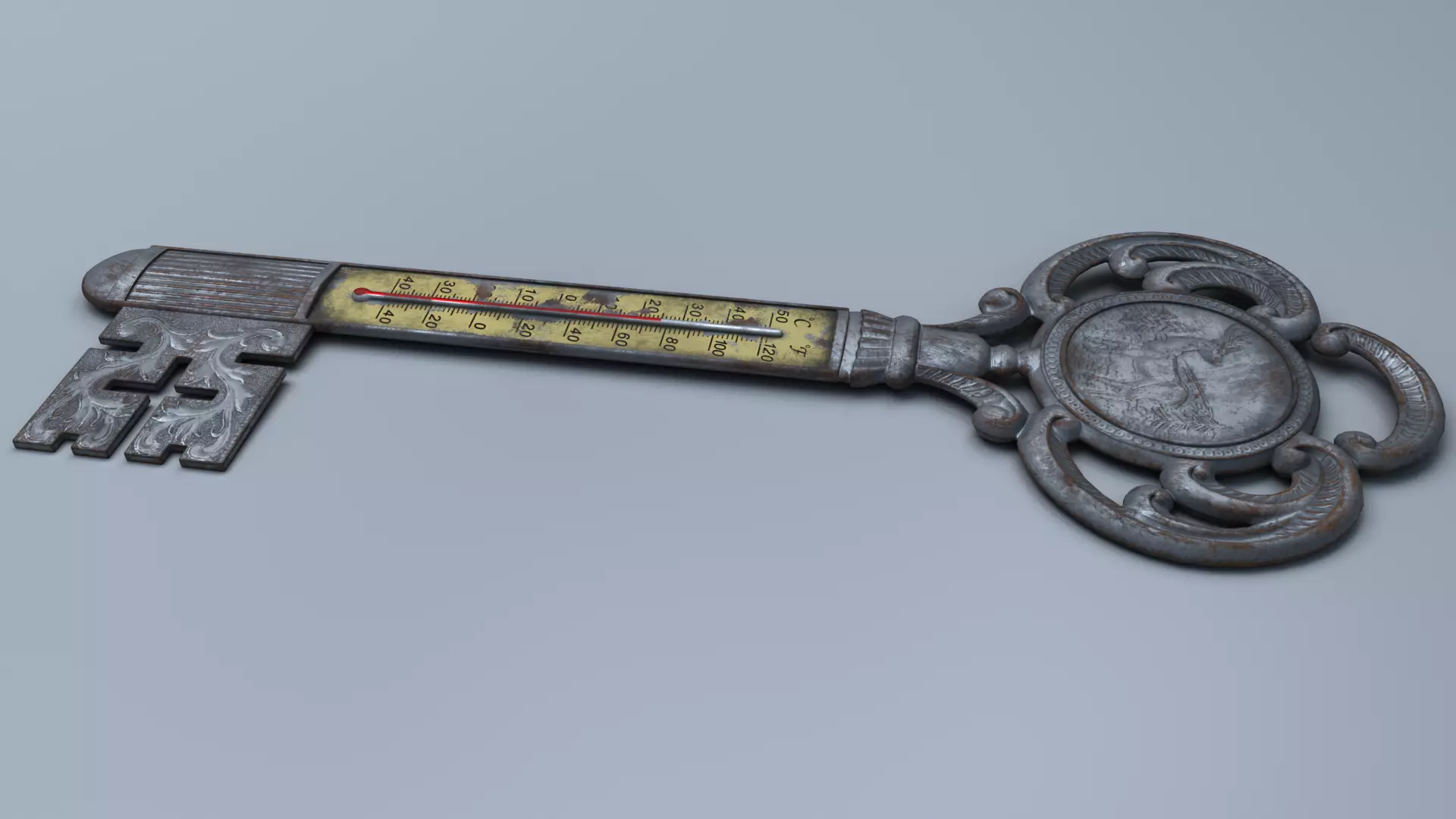 Antique Room Thermometer Iron Rust 3D model_6