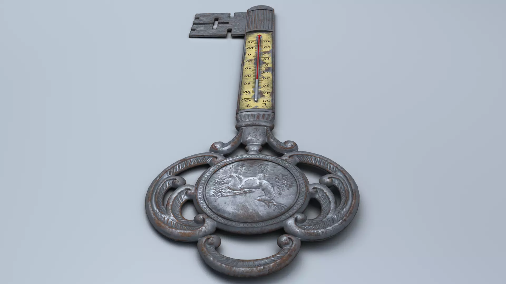 Antique Room Thermometer Iron Rust 3D model_15