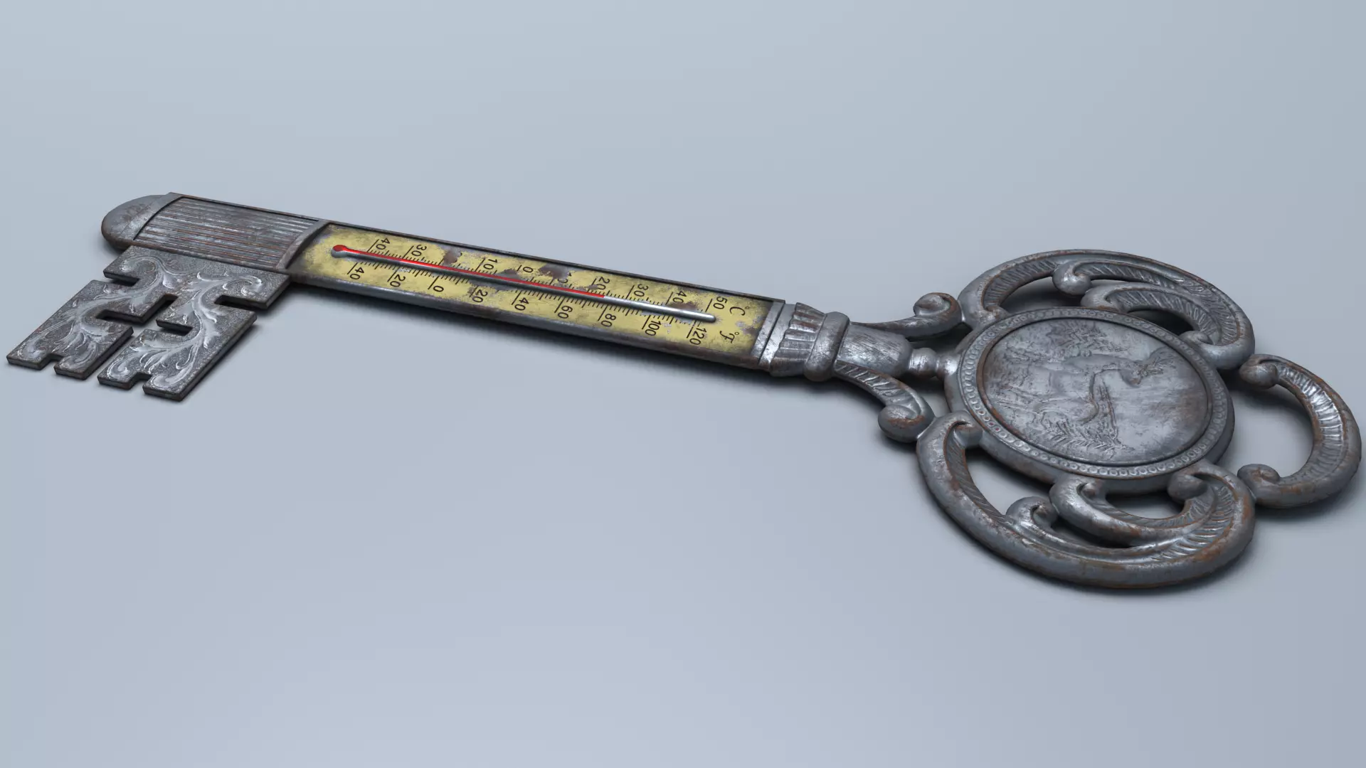 Antique Room Thermometer Iron Rust 3D model_7