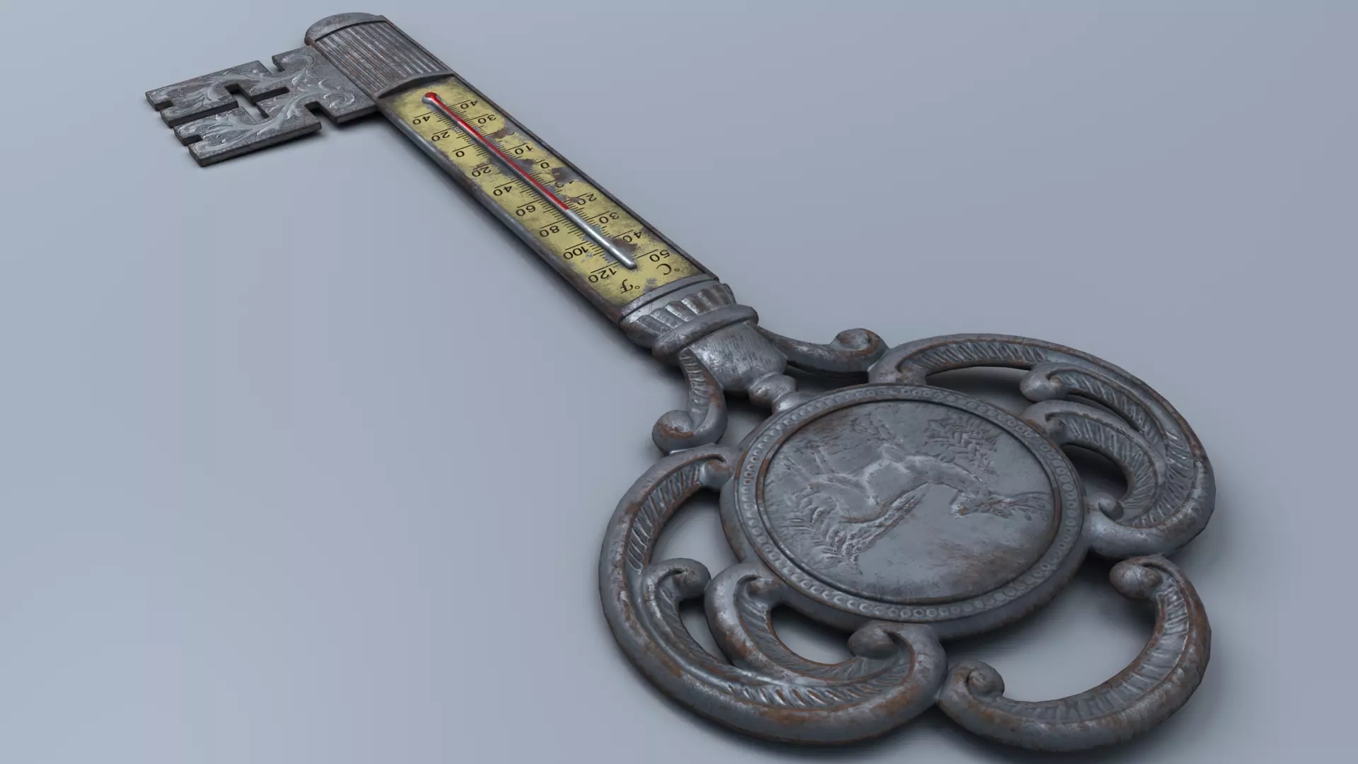 Antique Room Thermometer Iron Rust 3D model_11