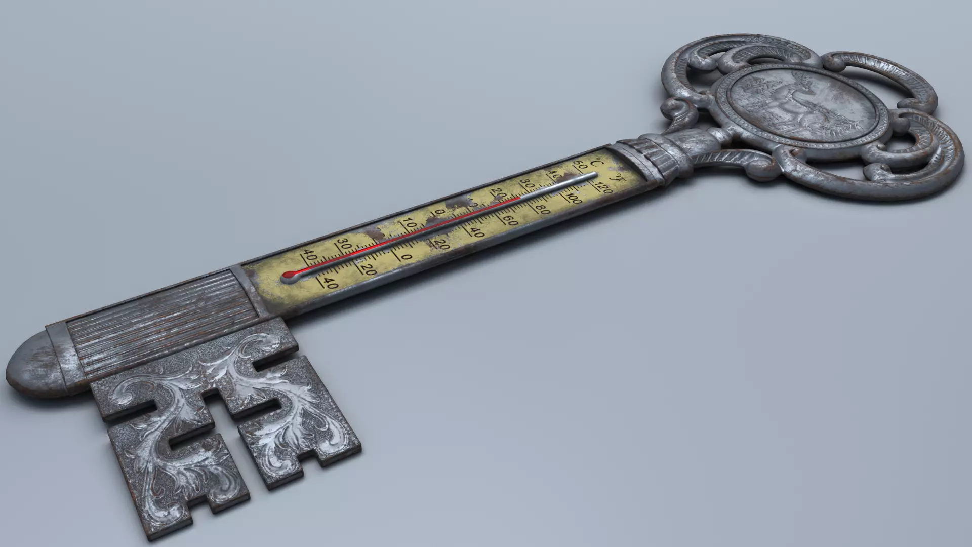 Antique Room Thermometer Iron Rust 3D model_0