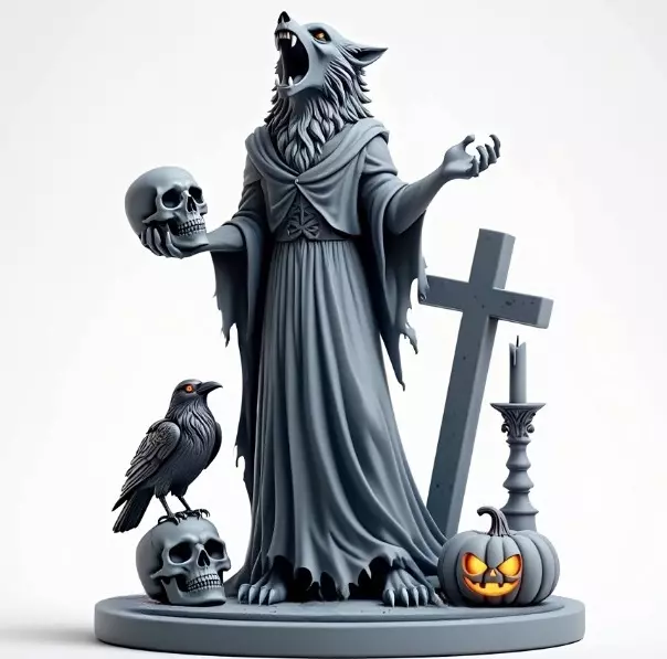 2713COLOR Werewolf Howling with Skull 3D Model Halloween 3D print model_0