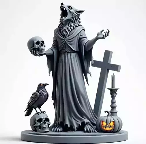 2713COLOR Werewolf Howling with Skull  3D Model Halloween