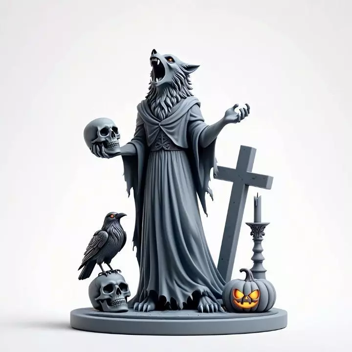 2713COLOR Werewolf Howling with Skull 3D Model Halloween 3D print model_3