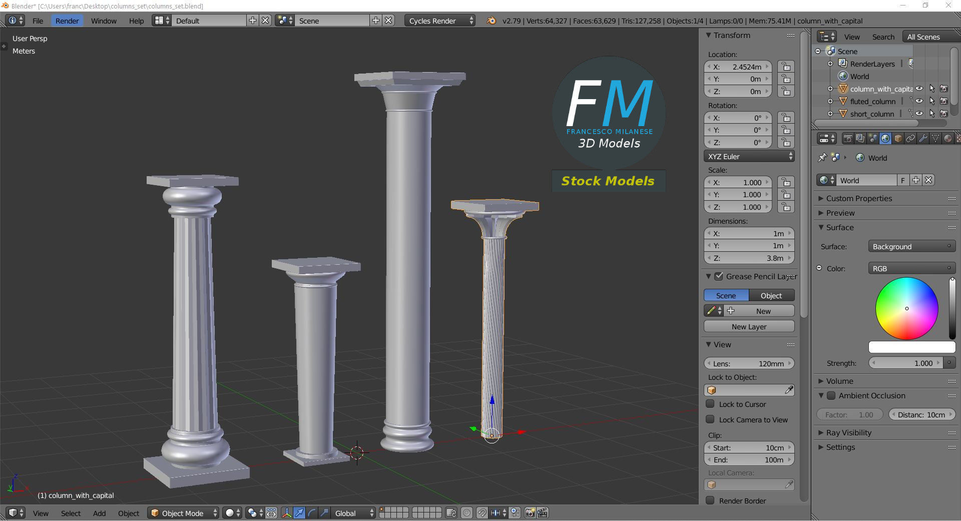 Columns set four marble 3D model_9