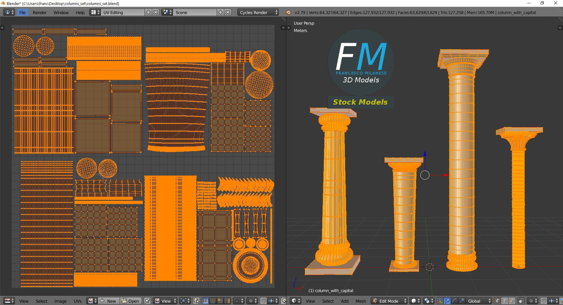Columns set four marble 3D model_10